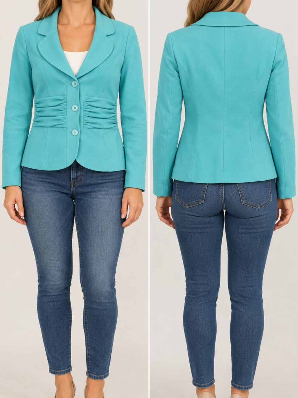 Jones New York Suit Aqua Silk Blazer Jacket Size 8 Ruched Waist 3 Button
